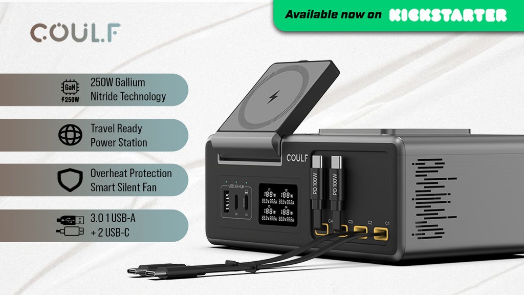 Coulf DeskDock 250W GaN Charger with 4 Retractable Cables