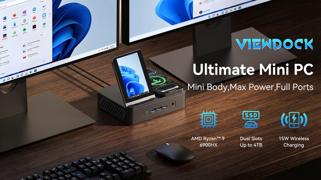 ViewDock: Mini PC with Display, Wireless Charging & 12 Ports
